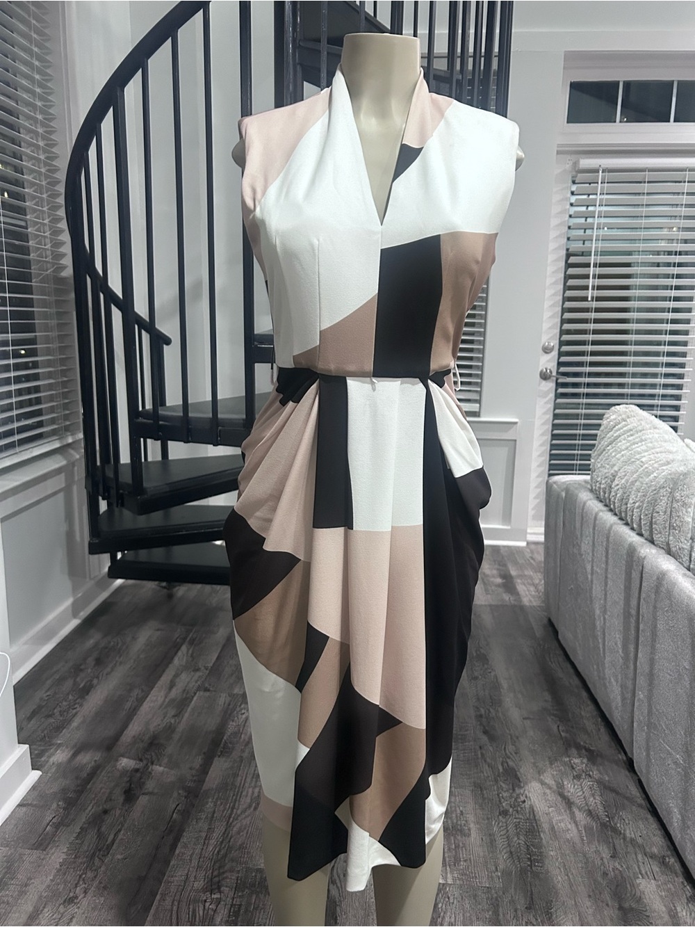 Donna Karan Colorblock Geometric Midi Dress in White, Black & Taupe